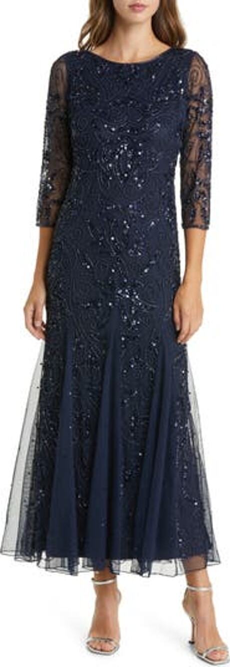 Pisarro Nights Beaded Dark Navy Illusion Sleeve A-Line Gown Size 4